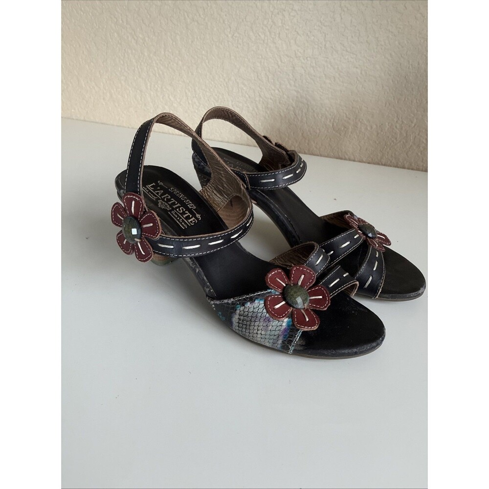 L Artiste Spring Step Guiditta Floral Leather Slingback Heel 38 Black Boho